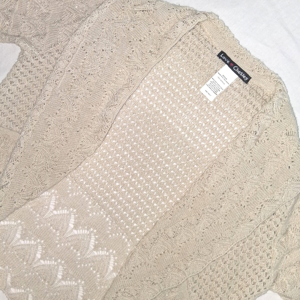 Love Chesley Women's Beige Crochet Knit Short‎ Sleeve Open Front Cardigan M